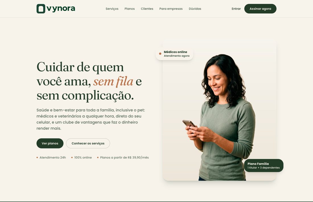 Acolhimento primeiro — captura do site da Vynora