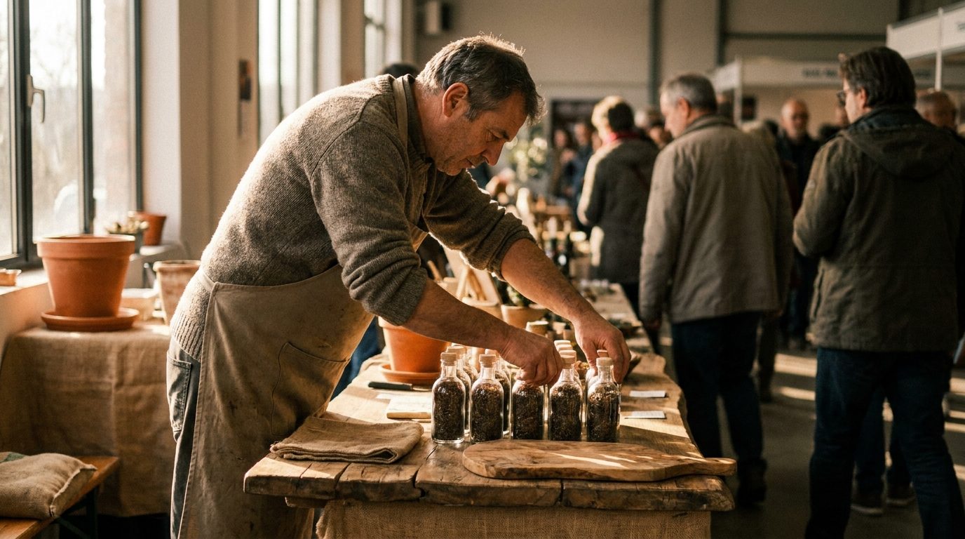 Produtor artesanal organizando produtos numa feira internacional