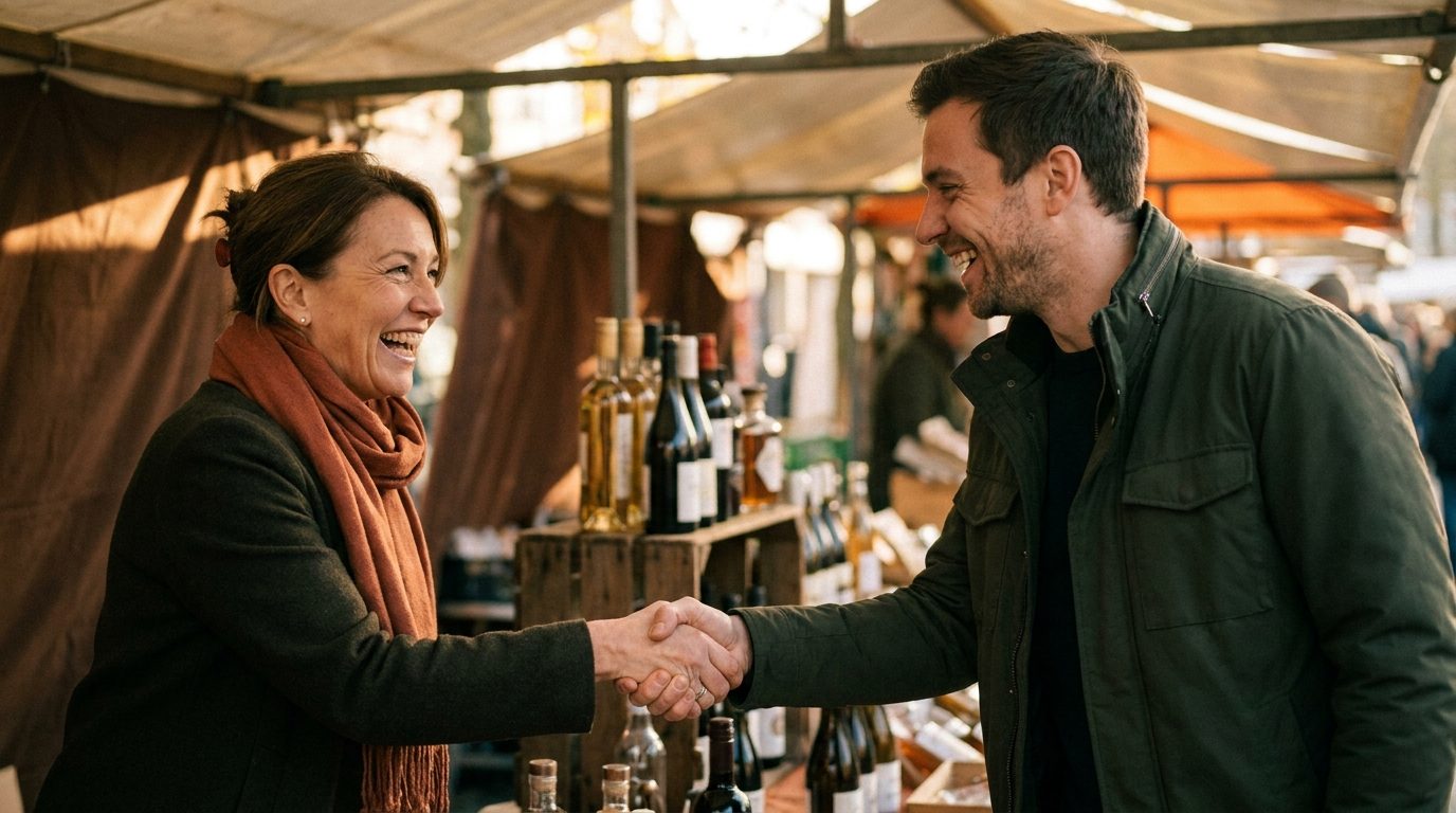 Aperto de mão caloroso entre duas pessoas num mercado, representando uma nova parceria